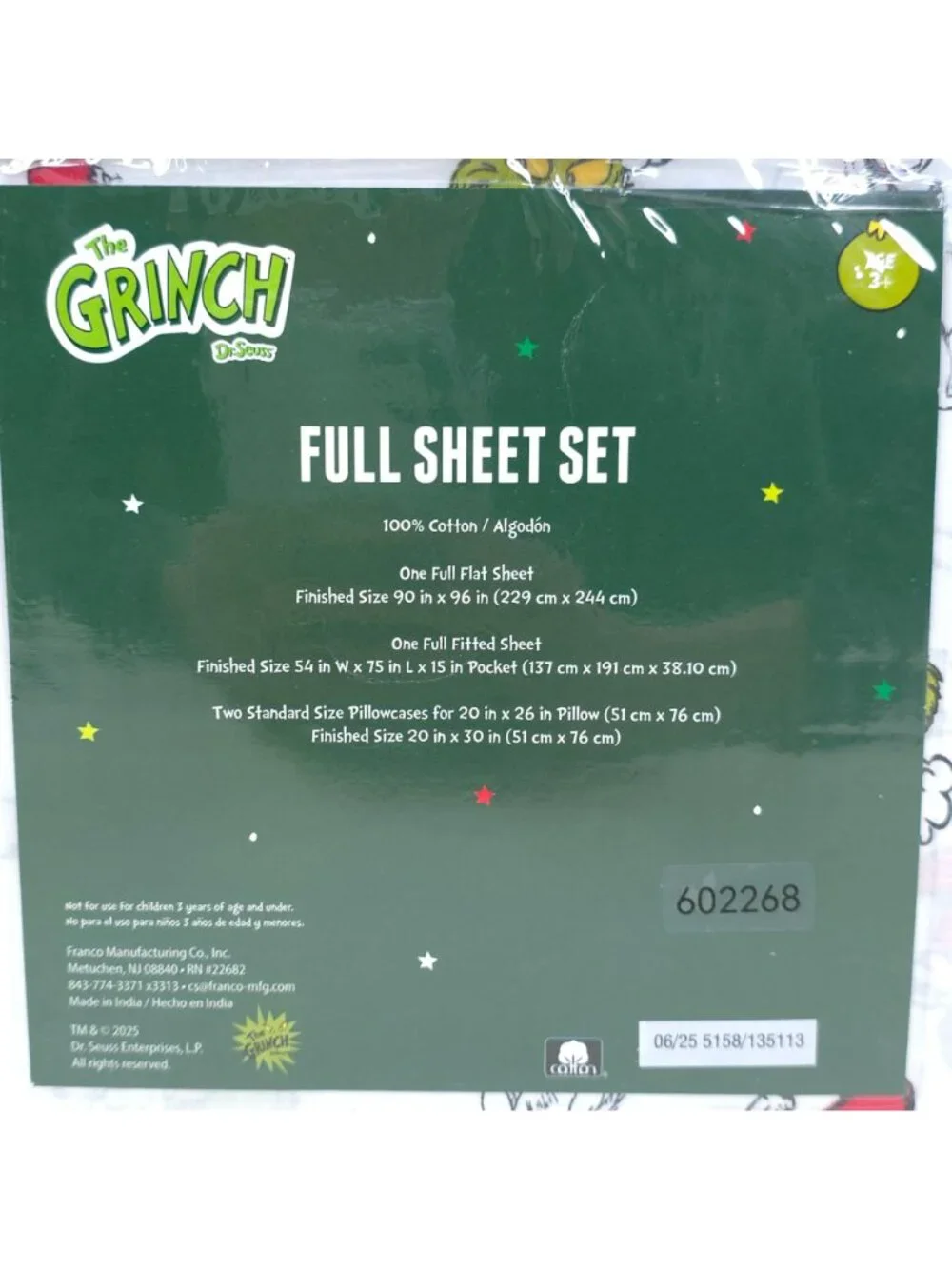 Dr. Seuss The Grinch Christmas Full Double Sheet Set 100% Cotton Holiday Bedding